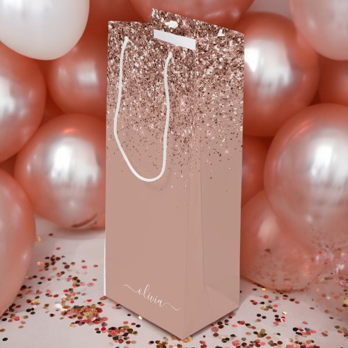 Rose Gold Blush Pink Glitter Script Monogram Girly Wine Gift Bag