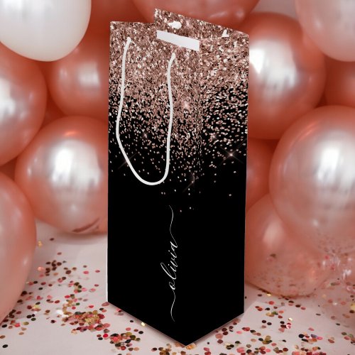 Rose Gold Blush Pink Glitter Script Monogram Girly Wine Gift Bag