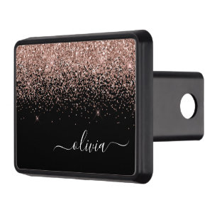 Rose Gold Blush Pink Glitter Script Monogram Hitch Cover