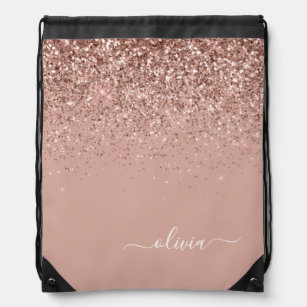 Rose Gold Blush Pink Glitter Script Monogram Name Drawstring Bag