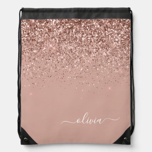 Rose Gold Blush Pink Glitter Script Monogram Name Drawstring Bag