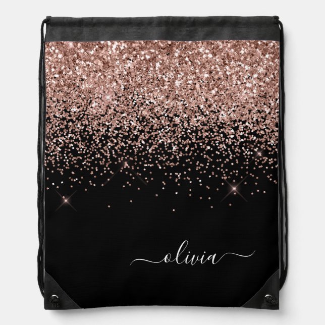 Rose Gold Blush Pink Glitter Script Monogram Name Drawstring Bag (Front)