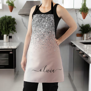 Rose Gold - Blush Pink Glitter Silver Monogram Apron