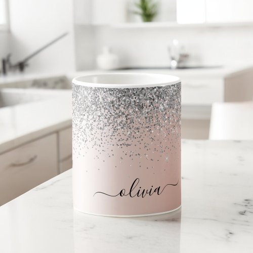 Rose Gold _ Blush Pink Glitter Silver Monogram Coffee Mug