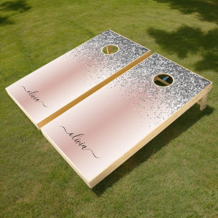 Rose Gold - Blush Pink Glitter Silver Monogram Cornhole Set