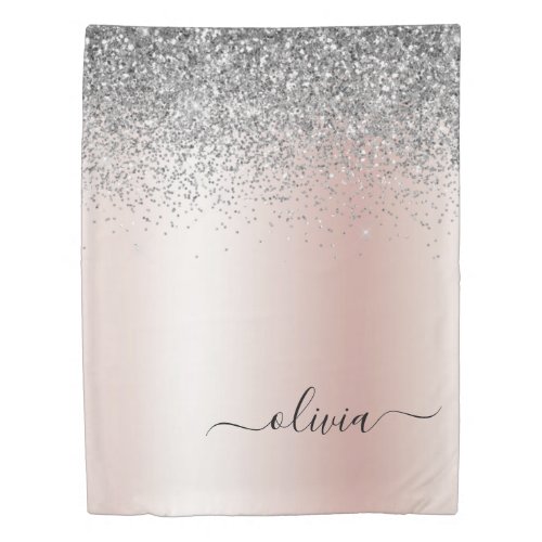 Rose Gold _ Blush Pink Glitter Silver Monogram Duvet Cover