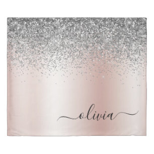 Rose Gold - Blush Pink Glitter Silver Monogram Duvet Cover