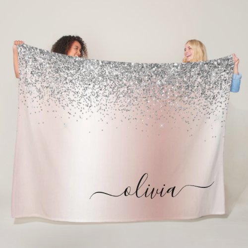 Rose Gold _ Blush Pink Glitter Silver Monogram Fleece Blanket