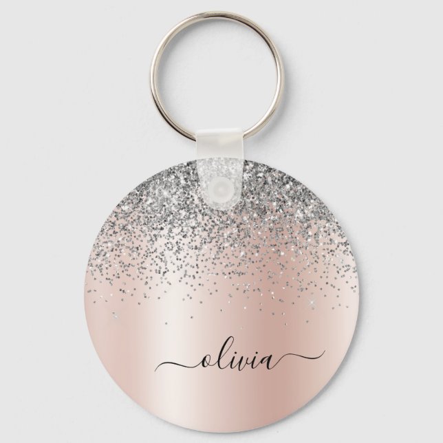 Rose Gold - Blush Pink Glitter Silver Monogram Keychain (Front)