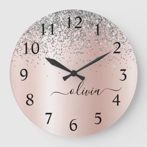Rose Gold _ Blush Pink Glitter Silver Monogram Large Clock