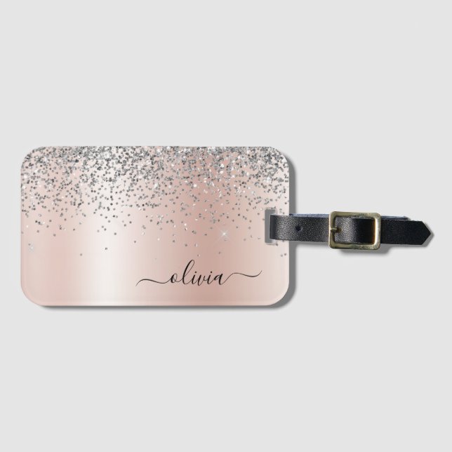 Rose Gold - Blush Pink Glitter Silver Monogram Luggage Tag (Front Horizontal)