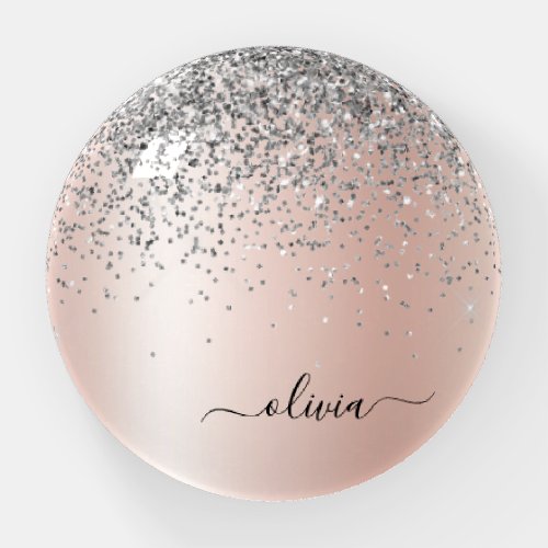 Rose Gold _ Blush Pink Glitter Silver Monogram Paperweight