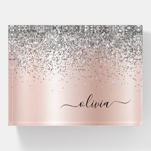 Rose Gold _ Blush Pink Glitter Silver Monogram Paperweight