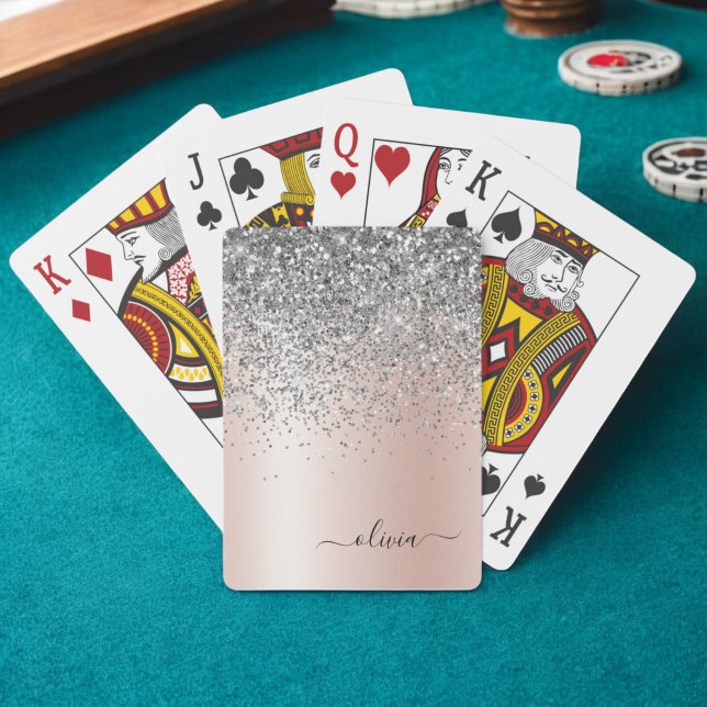 Rose Gold - Blush Pink Glitter Silver Monogram Poker Cards (Creator Uploaded)
