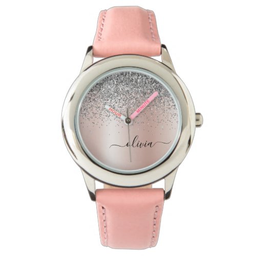 Rose Gold - Blush Pink Glitter Silver Monogram Watch