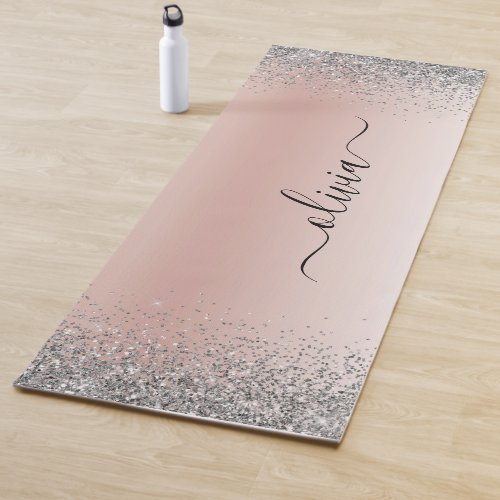 Rose Gold _ Blush Pink Glitter Silver Monogram Yoga Mat