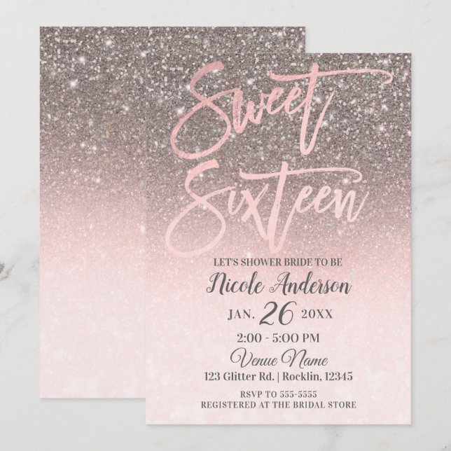 Rose Gold Blush Pink Glitter Sparkle Glam Sweet 16 Invitation (Front/Back)
