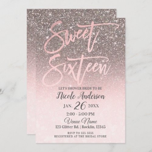 Rose Gold Blush Pink Glitter Sparkle Glam Sweet 16 Invitation