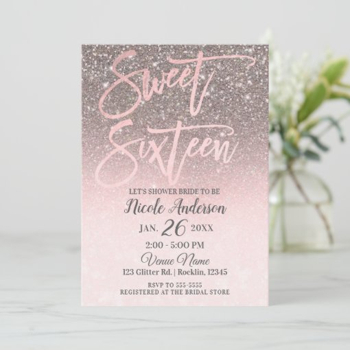 Rose Gold Blush Pink Glitter Sparkle Glam Sweet 16 Invitation | Zazzle