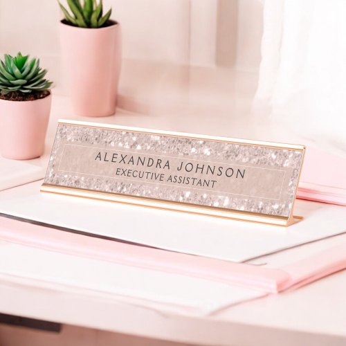 Rose Gold _ Blush Pink Glitter Sparkle Modern Chic Desk Name Plate