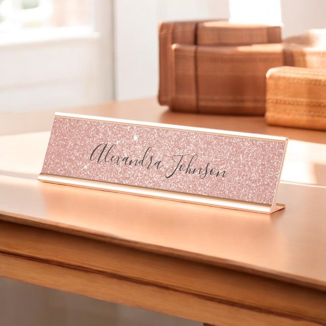 Rose Gold Blush Pink Glitter Sparkle Modern Desk Name Plate (Creator Uploaded)