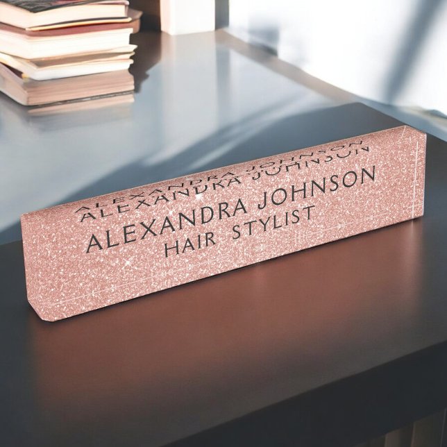 Rose Gold Blush Pink Glitter Sparkle Modern Desk Name Plate (Creator Uploaded)