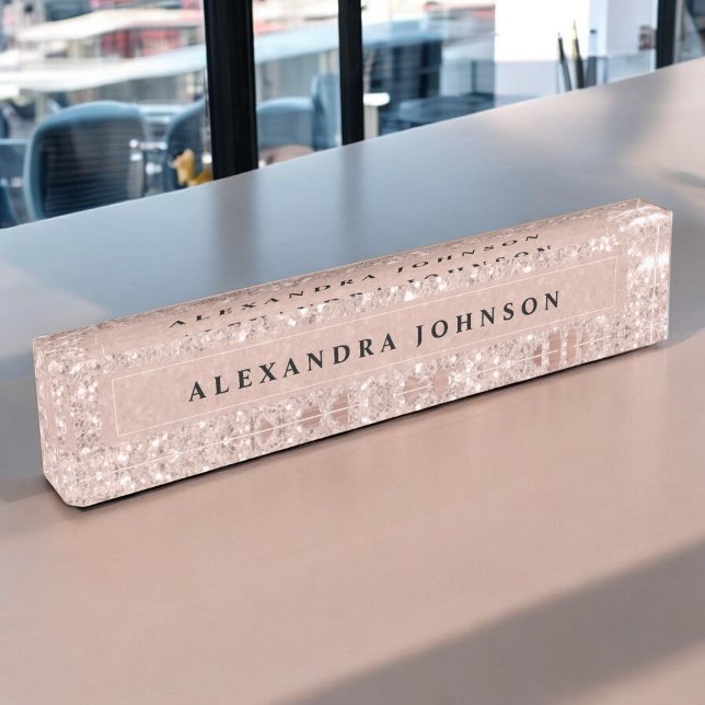 Rose Gold - Blush Pink Glitter Sparkle Modern Desk Name Plate (Creator Uploaded)