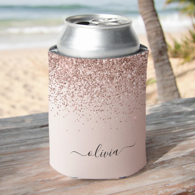 Rose Gold - Blush Pink Glitter Sparkle Monogram Can Cooler (Creator Uploaded)