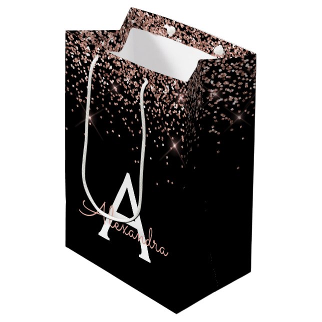 Rose Gold Blush Pink Glitter Sparkle Monogram Medium Gift Bag (Front Angled)