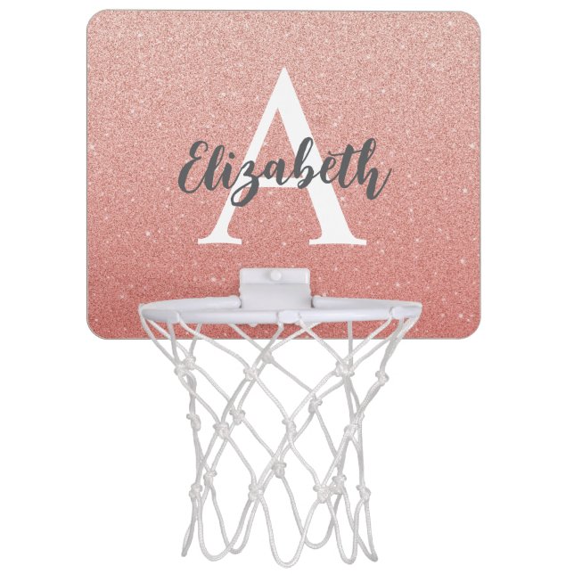 Rose Gold Blush Pink Glitter Sparkle Monogram Mini Basketball Hoop (Front)