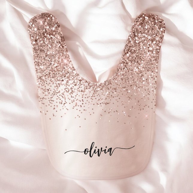 Rose Gold Blush Pink Glitter Sparkle Monogram Name Baby Bib (Creator Uploaded)