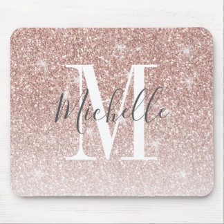Rose Gold Blush Pink Glitter Sparkle Monogram Name Mouse Pad