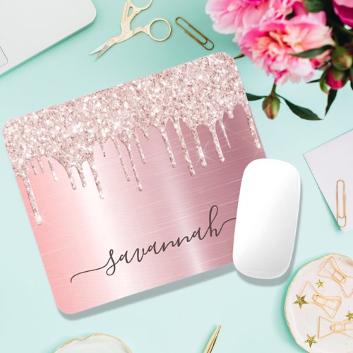 Rose gold blush pink glitter sparkle monogram name mouse pad