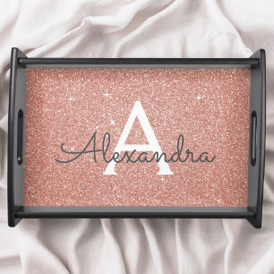 Rose Gold -Blush Pink Glitter Sparkle Monogram Serving Tray