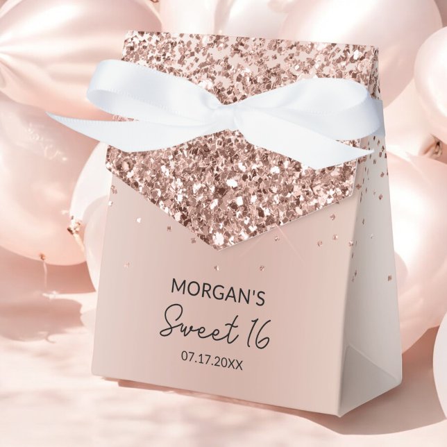 Rose Gold - Blush Pink Glitter Sweet 16 Birthday Favor Boxes (Creator Uploaded)