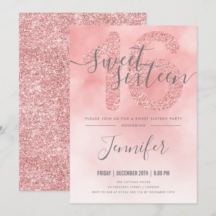 Rose Gold Blush Pink Glitter Sweet 16 Invitation Zazzle