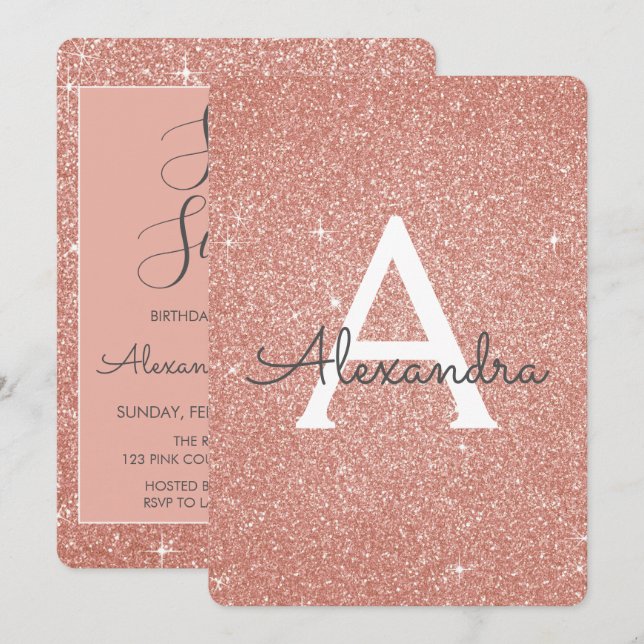 Rose Gold Blush Pink Glitter Sweet 16 Monogram Invitation (Front/Back)