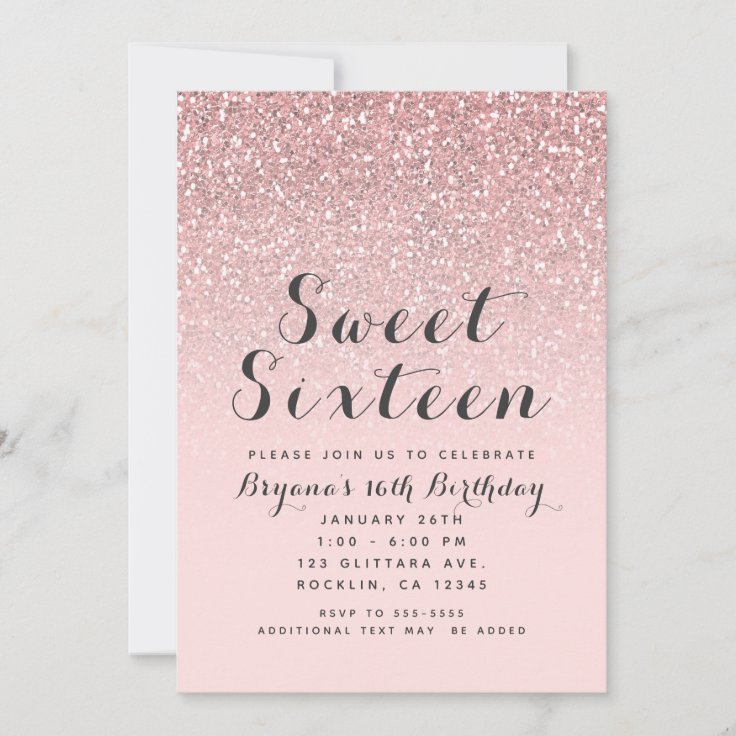 Rose Gold Blush Pink Glitter Sweet 16 Party Invitation | Zazzle