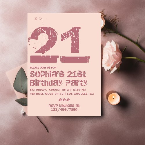 Rose Gold  Blush Pink Grunge Typography Birthday  Invitation