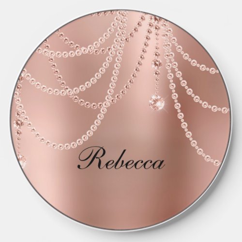 Rose Gold Blush Pink Hanging Pearls Diamond Bling  Wireless Charger