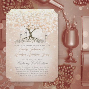 Rose Gold Blush Pink Heart Leaf Tree Wedding Invitation by samack at Zazzle