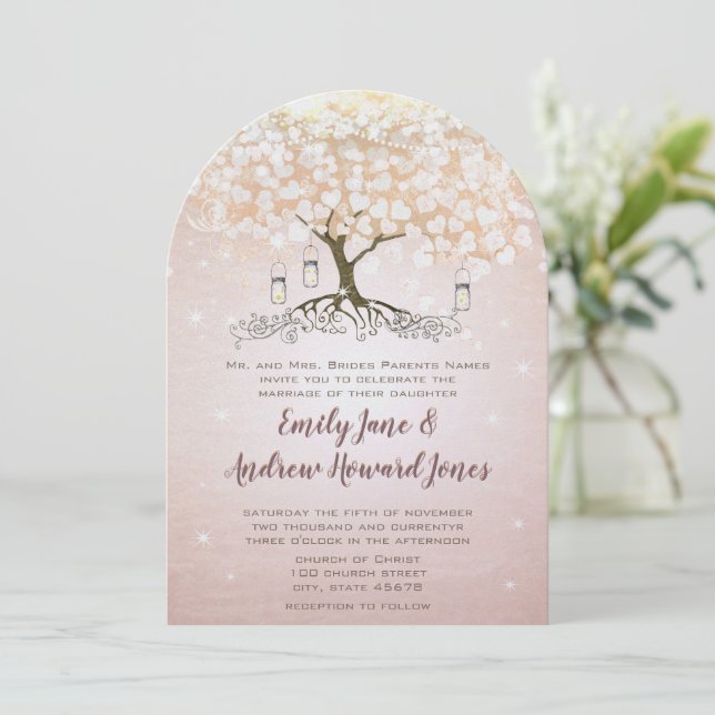 Rose Gold Blush Pink Heart Tree Wedding Invite (Standing Front)
