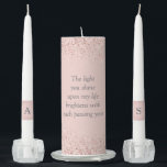 Rose Gold Blush Pink Inspirational Saying Monogram Unity Candle Set<br><div class="desc">Rose Gold Blush Pink Inspirational Saying Monogram Unity Candle Set... This rose gold glitter blush pink unity candle set features a pillar candle with an inspirational saying in elegant italic typography that reads "The light you shine upon my life brightens with each passing year." The monogram initials on the two...</div>