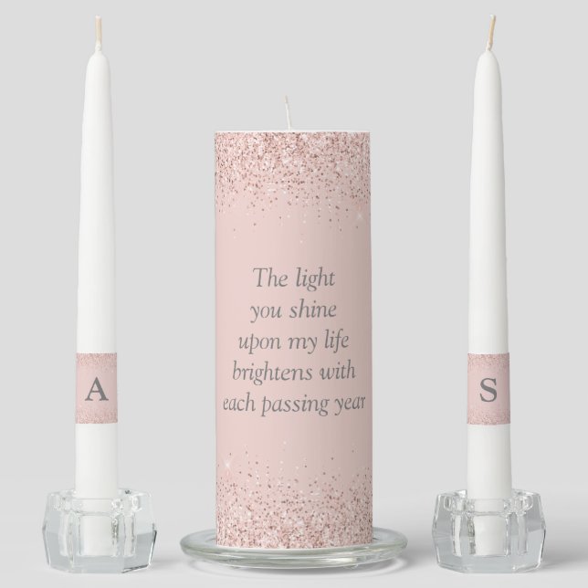 Rose Gold Blush Pink Inspirational Saying Monogram Unity Candle Set (Front)