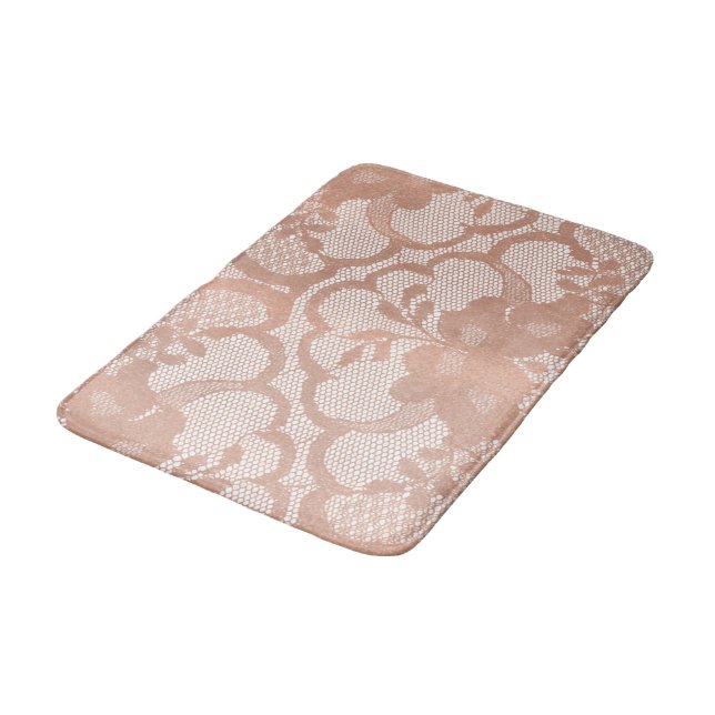 Rose Gold Blush Pink Lace Glam White Luxury Glam Bathroom Mat (Angled)