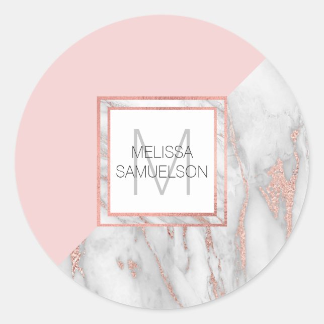 Rose Gold Blush Pink Marble Grey Feminine Classic Round Sticker (Front)
