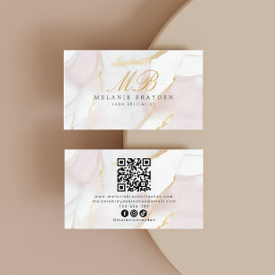 Rose Gold Blush Pink Marble Monogram QR Code Business Card