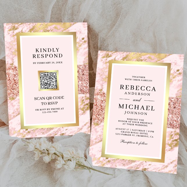 Rose Gold Blush Pink Marble QR Code Wedding  Invitation (Creator Uploaded)
