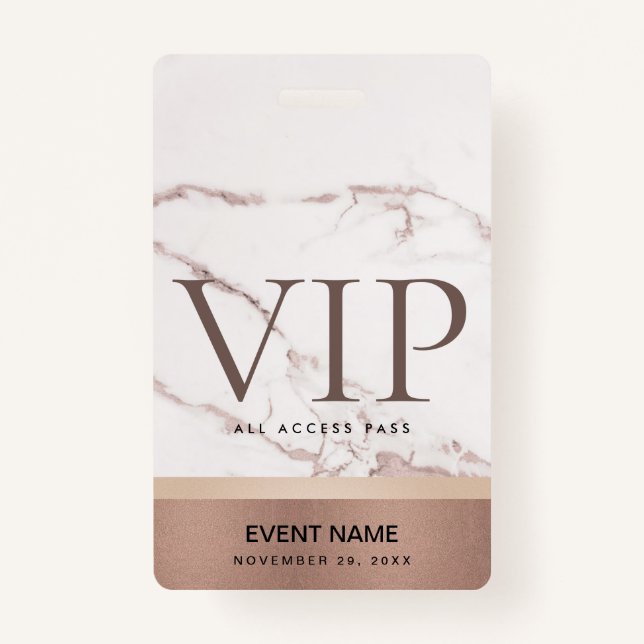 ROSE GOLD BLUSH PINK MARBLE VIP EVENT ACCESS PASS BADGE (Front)