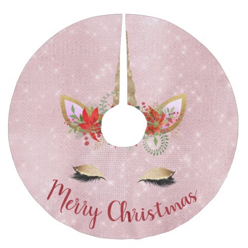 Rose Gold _ Blush Pink Merry Christmas Unicorn Brushed Polyester Tree Skirt